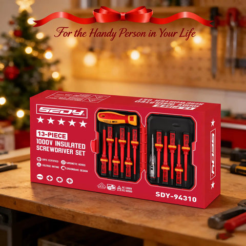 Box of 1000V Insulated Electrician Screwdriver Set With Pro Grade Magnetic Tips, 13-Piece Heavy Duty Kit displayed on workbench
