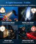 Four images showing different light modes of Powerful Dive Light 5000LM Rechargeable Waterproof Flashlight for underwater use.