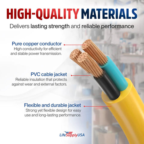 Ultra Tough 200ft Indoor Outdoor Extension Cord 16/3 Gauge SJTW illustration showing copper conductor, PVC and flexible jacket details.