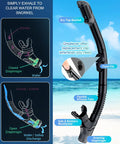 All In One Dry Snorkel Set With Panoramic Wide View Mask, Anti Fog Scuba Diving Gear for Adults and Kids, flexible snorkel design with valve system.