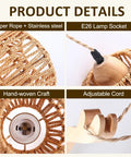 ZEORIVAX Rattan Wall Lamp with Plug-in Cord Hand Woven Paper Rope Sconce showing detailed hand-woven design and adjustable cord.