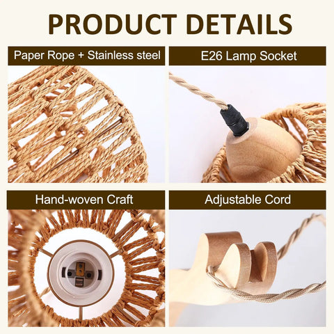 ZEORIVAX Rattan Wall Lamp with Plug-in Cord Hand Woven Paper Rope Sconce showing detailed hand-woven design and adjustable cord.