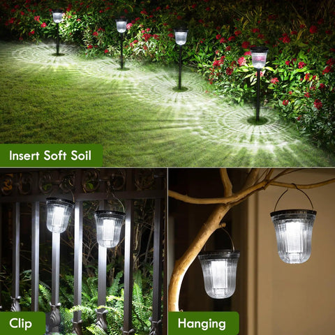 Solar Pathway Lights 4 Pack Outdoor IP65 Waterproof Garden Lights With Two Lighting Modes Auto On Off 200 Lumens shown in garden use.