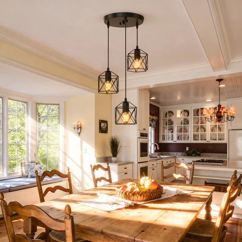 Slick Farmhouse Three Light Pendant With Adjustable Drop Cords Matte Black Hanging Ceiling Lamp above a wooden dining table.