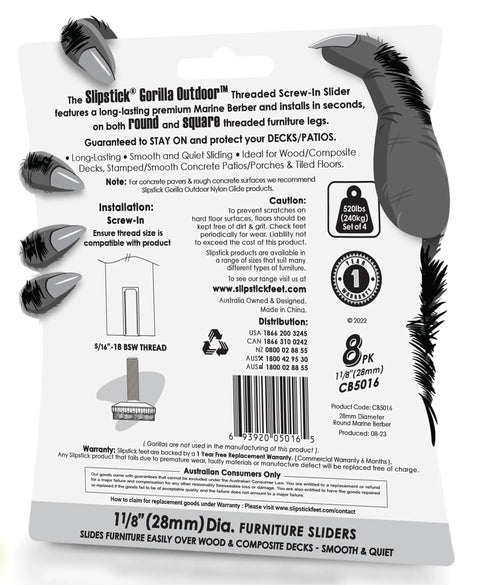 Packaging of Eight Pack Outdoor Adjustable Furniture Levelers Berber Glide Feet with product information and installation guide