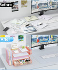 Before and after image showing a desk with 4 tier desk organizer set with file holder, drawer, and two pen holders in rose gold.