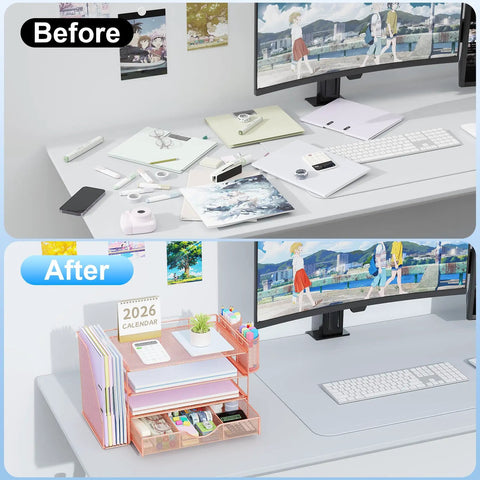 Before and after image showing a desk with 4 tier desk organizer set with file holder, drawer, and two pen holders in rose gold.