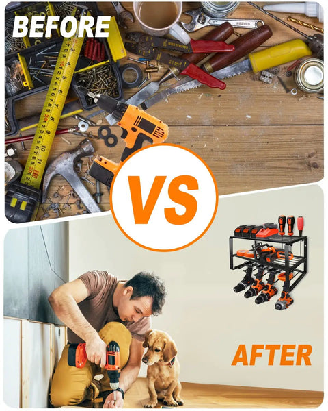 Before and after using Power Tool Organizer Wall Mount Heavy Duty Floating Shelf For Drill And Screwdriver 150lb Capacity Easy Install