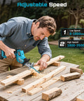 SEESII cordless reciprocating saw with brushless motor; blue body, 2x4.0Ah batteries cutting wood outdoors