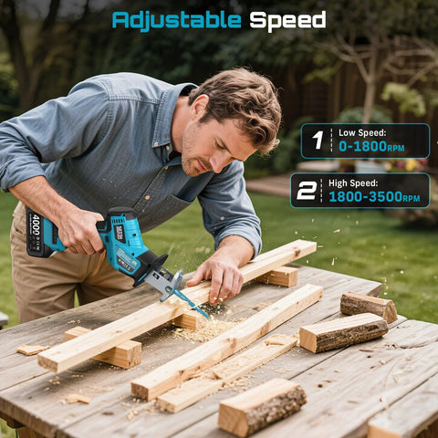 SEESII cordless reciprocating saw with brushless motor; blue body, 2x4.0Ah batteries cutting wood outdoors