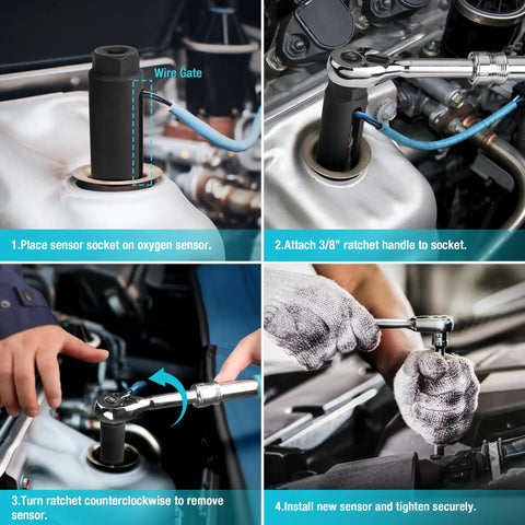 Step-by-step removal of O2 Oxygen Sensor Socket 22mm For Three-Eighths Inch Drive With Side Wire Gate Chrome Vanadium Steel