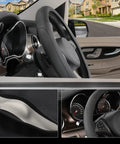 Premium Black Microfiber Leather Steering Wheel Cover For Cars And Trucks Super Soft Anti Slip Grip on standard 15 inch wheel in vehicle.