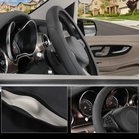 Premium Black Microfiber Leather Steering Wheel Cover For Cars And Trucks Super Soft Anti Slip Grip on standard 15 inch wheel in vehicle.