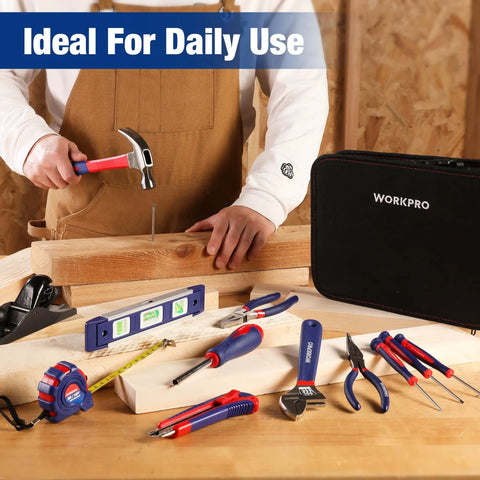 DIY Ready Home Tool Kit With 100 Piece Hand Tool Set for kitchen drawers and household tasks shown on wooden surface