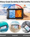 Kickass 8 Inch Rugged Tablet With Fingerprint Android 15 Octa Core 8GB 256GB Storage IP65 Waterproof Mil Std Drop Proof 10000mAh Battery 5G WiFi 6 BT 5 2 NFC GPS No Frills Heavy Duty Rig showcasing military-grade durability in extreme temperatures.