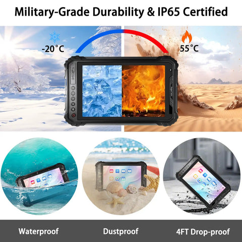 Kickass 8 Inch Rugged Tablet With Fingerprint Android 15 Octa Core 8GB 256GB Storage IP65 Waterproof Mil Std Drop Proof 10000mAh Battery 5G WiFi 6 BT 5 2 NFC GPS No Frills Heavy Duty Rig showcasing military-grade durability in extreme temperatures.