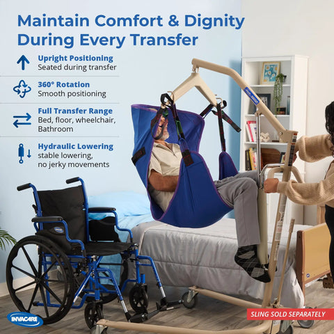 Lightweight Hydraulic Patient Lift Built Tough Yet Easy On The Hands With A Steady 450 Lb Capacity And Smooth Bent Mast For Safer Floor To Bed Transfers Plus Padded Swivel Seat in use, assisting a patient transition to a wheelchair.