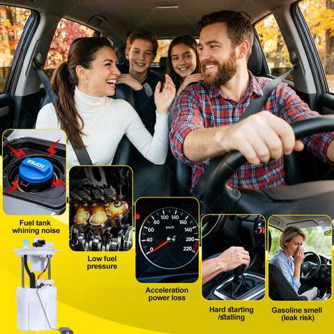 Family in car with overlay showing Electric Fuel Pump Module Assembly Drop-In Replacement For Chevrolet Malibu 2013-2016