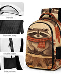 Fall Raccoon Print Backpack With Large Capacity Unisex Daypack; raccoon design, polyester material, features handle, zipper, pockets.