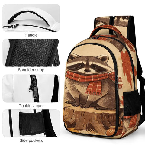 Fall Raccoon Print Backpack With Large Capacity Unisex Daypack; raccoon design, polyester material, features handle, zipper, pockets.