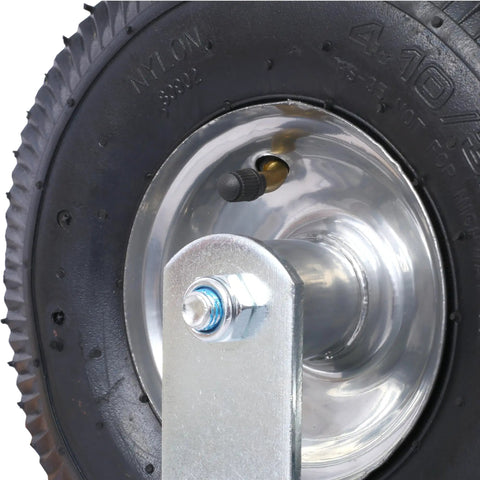 Close-up of Heavy Duty 10 Inch Pneumatic Caster Wheels With Rigid Plate, showing reinforced steel hub and air valve.