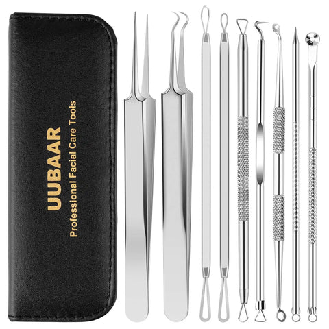9-In-1 Pimple Popper Kit With 16 Precision Heads, Blackhead Remover Tools Set with leather case, two tweezers, comedone extractors