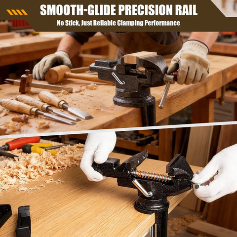 Beefy Three Inch Bench Vise With 360 Degree Swivel Base Clamp On Heavy Duty Cast Iron Vise used in woodworking on workbench