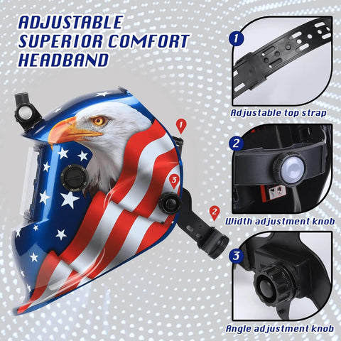 Auto Darkening Welding Helmet With LED Light True Color Solar Powered Welder Hood Adjustable Shade for MIG TIG ARC with eagle design