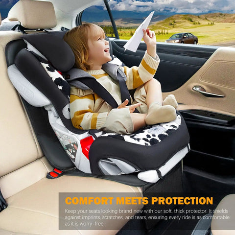 Kid Friendly Car Seat Protector For Child Seats in use, with a child seated, waterproof cover, non slip bottom, thick padding visible.