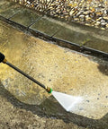 Using 360 Degree Swivel Pressure Washer Gun Wand With Three Eighths Plug And M22 Coupler on driveway, stainless extension lance, 4000 PSI