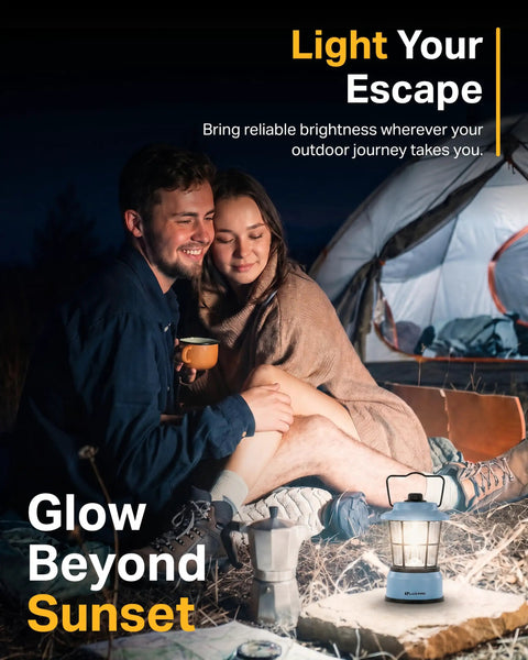 Couple camping with Retro LED Lantern For Outdoor Adventures And Emergencies, water resistant light on near tent, blue color.