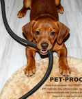 Dog chewing on 30 Ft 1/2 Inch Split Wire Loom Kit With 2 Clamps For Auto And Pro Shop Cable Protection Gear on floor