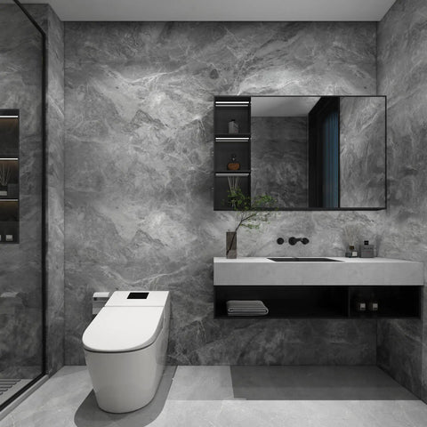 Bathroom with gray marble look contact paper peel and stick countertop wrap for kitchen and bathroom super easy install no mess waterproof matte thick vinyl with realistic texture removable wallpaper roll.