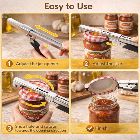 Instructional steps for using Four Piece Adjustable Jar Opener Set With Gripper And Mason Jar Lid Openers For Arthritis Relief Stainless Steel Can Opener
