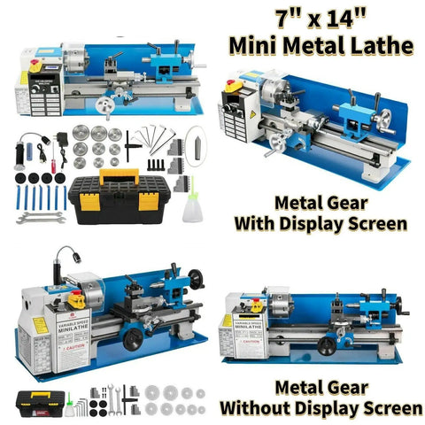 Heavy Duty 7X14 Mini Benchtop Metal Lathe Machine 550W Variable Speed Motor Digital Readout with tool accessories displayed.