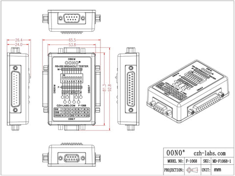 Technical drawing of RS232 Breakout Tester LED Monitor Module with DB9 male, DB9 female, DB25 male, DB25 female connectors for signal debugging.