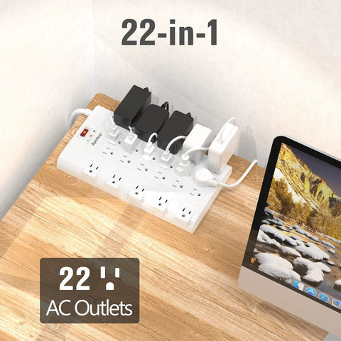 Heavy Duty 22 Outlet Power Strip Surge Protector With Flat Plug 2100 Joules 1875 Watts 15 Amps Six And A Half Foot Extension Cord