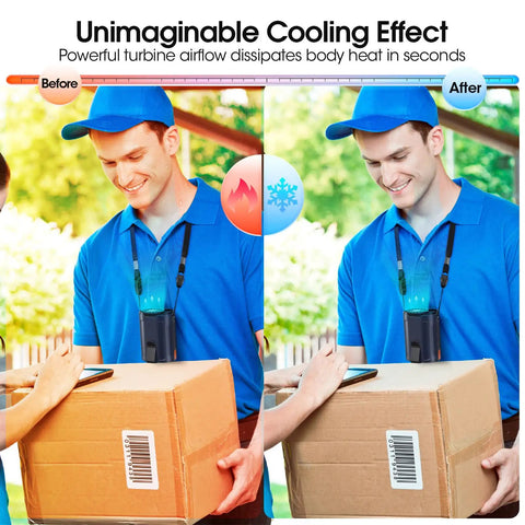 Before and after comparison of courier using Wearable Belt Fan With 4 Speeds And Long Battery Life in blue uniform.