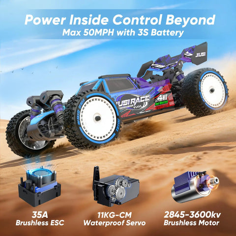 One Twelfth Scale Brushless RC Car With 50 MPH Top Speed Off Road 4WD Buggy Electric Remote Control Truck on sandy terrain