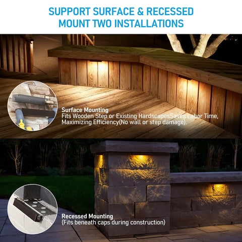 12 Pack 7 Inch LED Hardscape Lighting For Retaining Walls And Outdoor Steps, surface and recessed mount installation