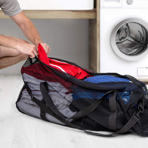 Mesh Duffle Bag With Zipper And Adjustable Shoulder Strap 15 By 36 Inches Black Oversized Gym Bag open showing contents