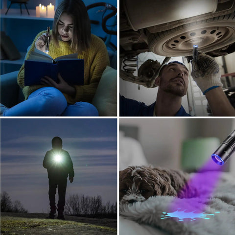 Four usages of Two In One UV Pen Flashlight With White Light And 395nm Black Light, highlighting reading, inspecting, and pet stain detection