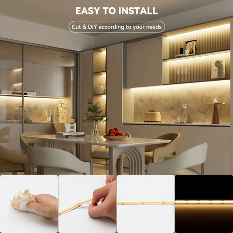 Ultra Bright 40ft COB LED Strip Lights 504 LEDs/m Warm White 3000K CRI90 Plus Flexible Tape installed in kitchen cabinets.