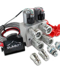 Summit Hydraulics hydraulic valve manifold kit with dual solenoids, four quick-connect outlets, and switch-box control.