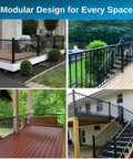 Heavy Duty Aluminum Deck Railing Kit 36 Inch Height By 8 Feet Width showcased in various outdoor settings for porches and balconies.