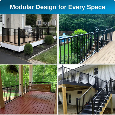 Heavy Duty Aluminum Deck Railing Kit 36 Inch Height By 8 Feet Width showcased in various outdoor settings for porches and balconies.