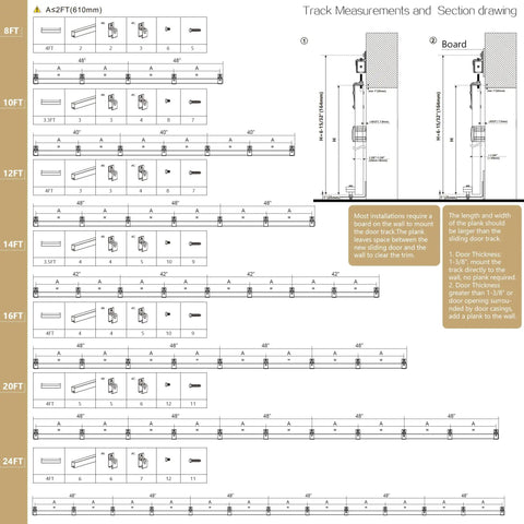 Track measurements and section drawing for Premium 24ft Heavy Duty Galvanized Steel Exterior Sliding Barn Door Hardware Kit.