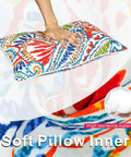 Close-up of colorful paisley pattern pillow insert, hand pressing, All-Weather Water-Resistant Outdoor Pillows Set of 2, 12x20 Inch