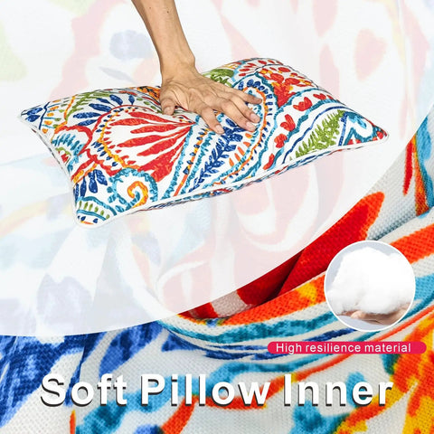 Close-up of colorful paisley pattern pillow insert, hand pressing, All-Weather Water-Resistant Outdoor Pillows Set of 2, 12x20 Inch