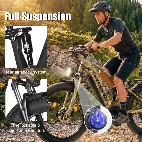 Man riding Beast 8000W Dual Motor Electric Mountain Bike for Adults with full suspension on rock trail, showcasing camouflage scout style.